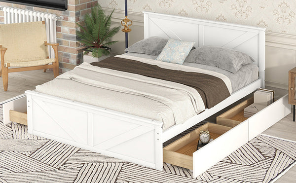 Queen Size Wooden Platform Bed with Four Storage Drawers and Support Legs