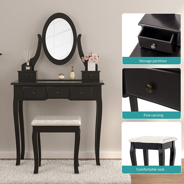 Vanity Table Set, Dressing Table with Mirror, Vanity Makeup Table with 5 Drawers/ Stool, Black--YS