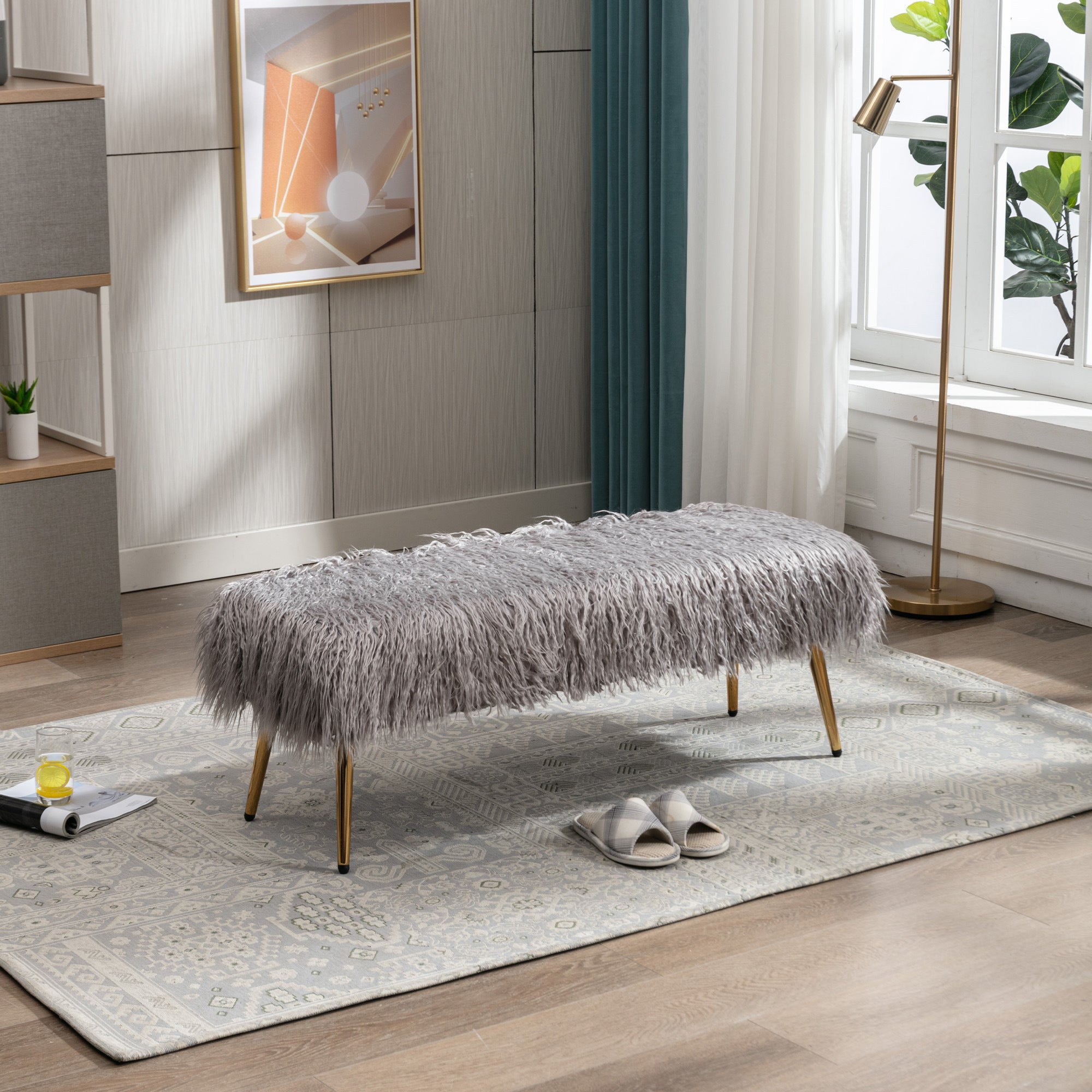 Faux Fur Plush Ottoman Bench; GRAY 1 PC