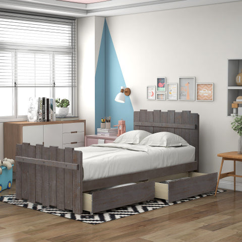 Twin Size Platform Bed with Drawers, Vintage Fence-shaped Headboard and Footboard, Rustic Style, Gray