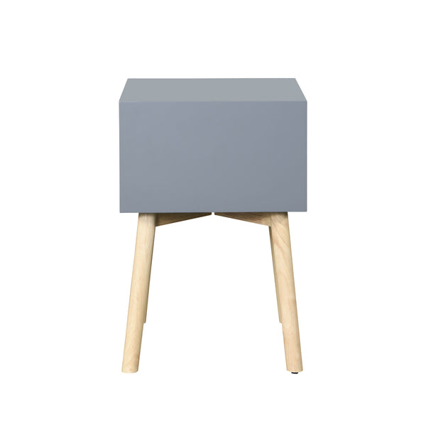 Side Table with 2 Drawer and Rubber Wood Legs, Mid-Century Modern Storage Cabinet for Bedroom Living Room Furniture, Gray