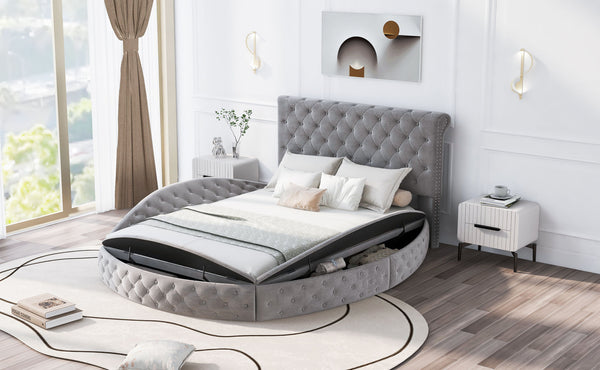 Queen Size Round Shape Upholstery Low Profile Storage Platform Bed with Storage Space on both Sides and Footboard