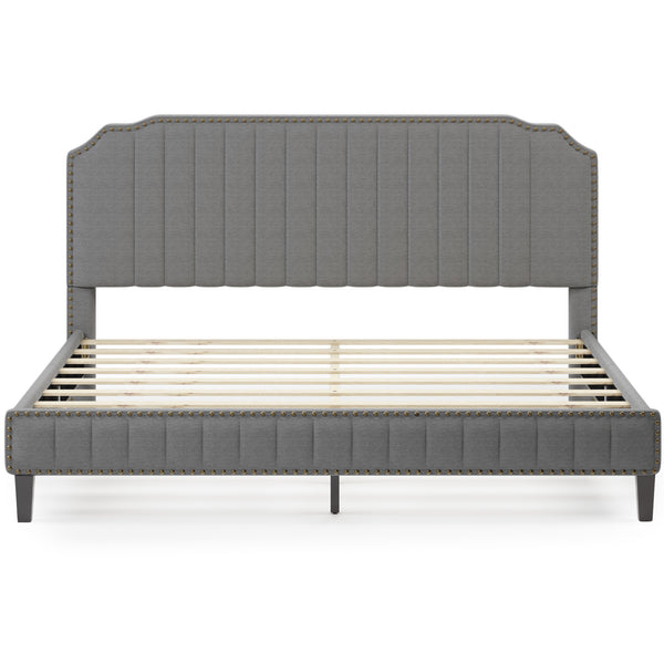 Modern Linen Curved Upholstered Platform Bed ;  Solid Wood Frame ;  Nailhead Trim (King)