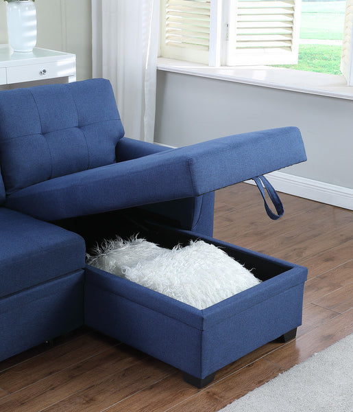 Lucca 84" Blue Linen Reversible Sleeper Sectional Sofa with Storage Chaise