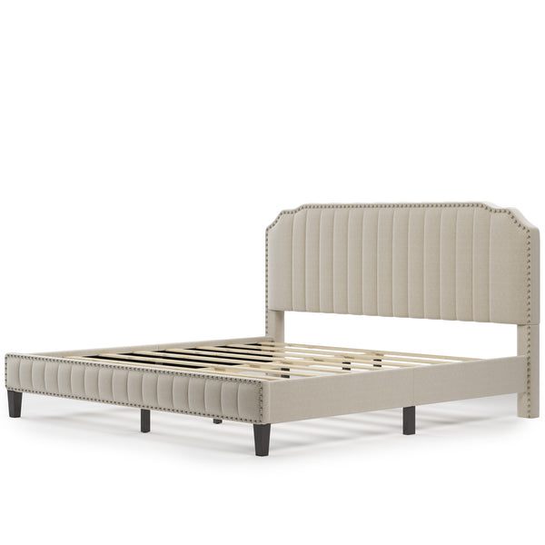 Modern Linen Curved Upholstered Platform Bed ;  Solid Wood Frame ;  Nailhead Trim (King)