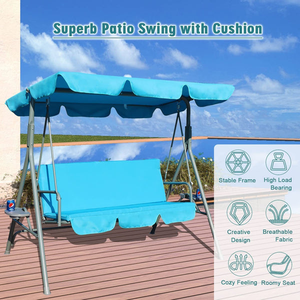 Durable Outdoor 2-Seat Swing with Teapoy Weather Resistant Canopy Powder Coated Steel Frame Swinging Hammock with Removable Cushion for Patio