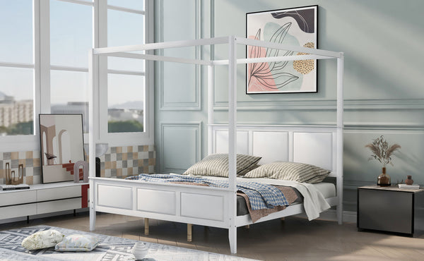 King Size Canopy Platform Bed with Headboard and Footboard; With Slat Support Leg; White