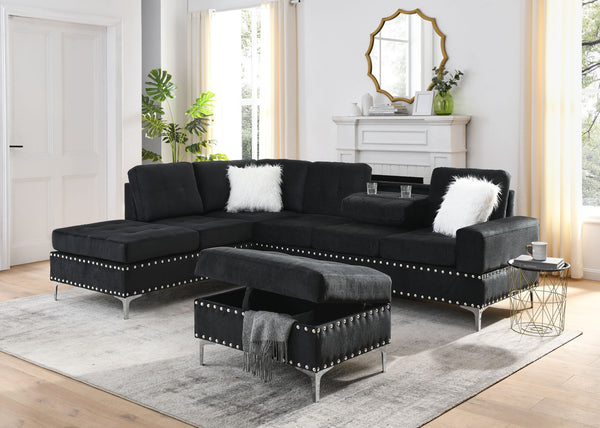 Sectional 3-Seaters Sofa with Reversible Chaise; Storage Ottoman and Cup Holders; Metal Legs and Copper Nails; Two White Villose Pillows ; Black