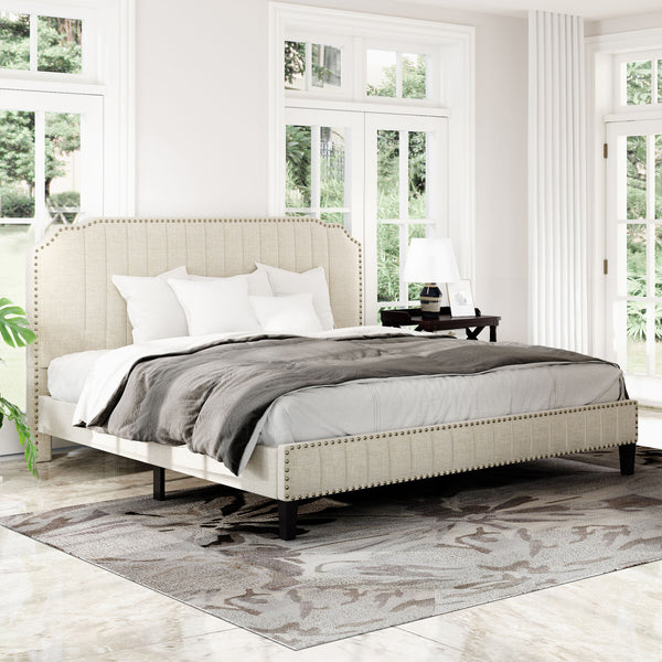 Modern Linen Curved Upholstered Platform Bed ;  Solid Wood Frame ;  Nailhead Trim (King)