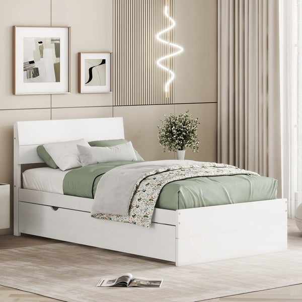 Modern Twin Bed Frame With Twin Trundle For White High Gloss Headboard and Footboard With Washed White Color