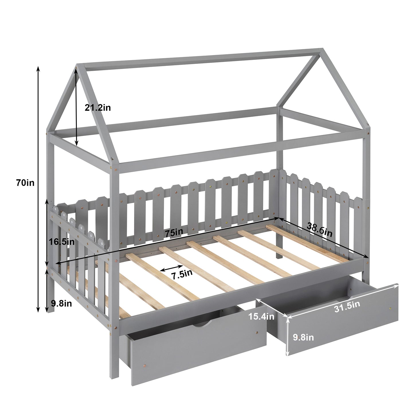 Twin Size House Bed with drawers, Fence-shaped Guardrail