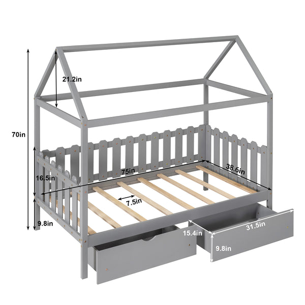 Twin Size House Bed with drawers, Fence-shaped Guardrail