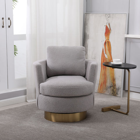 Teddy Swivel Barrel Chair, Swivel Accent Chairs Armchair for Living Room, Reading Chairs for Bedroom Comfy, Round Barrel Chairs with Gold Stainless Steel Base (Grey)