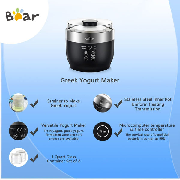 Yogurt Maker, Yogurt Maker Machine with Stainless Steel Inner Pot, Greek Yogurt Maker with Timer Control, Automatic Digital Frozen Yogurt Maker with 2 Glass Jars 1 Quart and Strainer for Home Organic