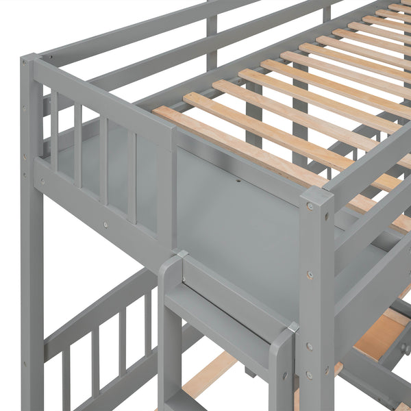 Twin over Twin & Twin Bunk Bed with Two Drawers and Built-in Middle Drawer