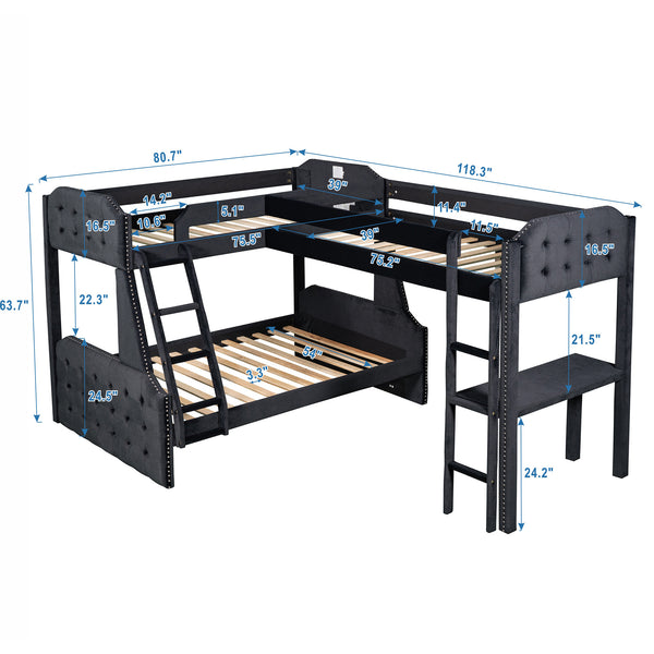 L-Shaped Twin over Full Bunk Bed and Twin Sie Loft Bed with Desk