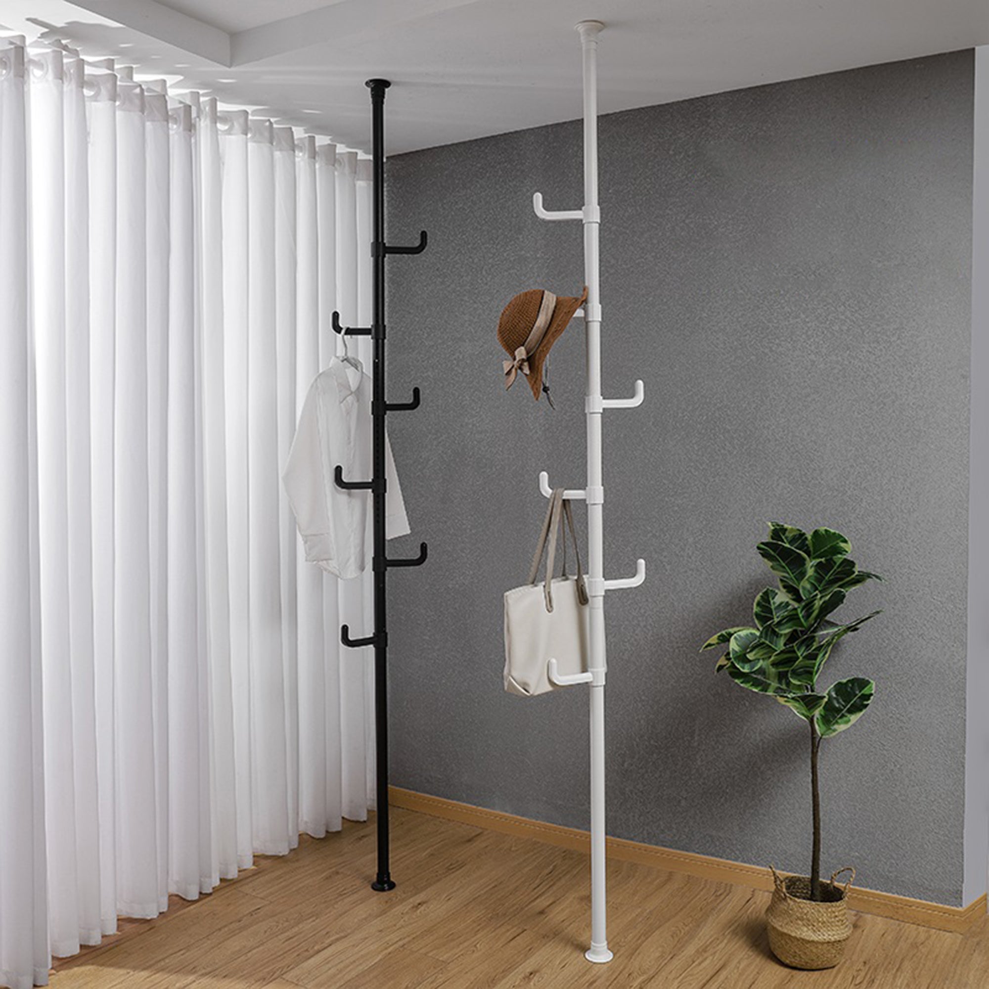 Adjustable Laundry Pole Clothes Drying Rack Coat Hanger DIY Floor to Ceiling Tension Rod Storage Organizer for Indoor, Balcony