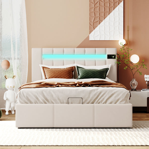 Upholstered Bed Full Size with LED light;  Bluetooth Player and USB Charging;  Hydraulic Storage Bed in Velvet Fabric