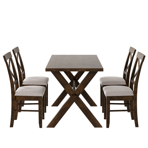 5 Pieces Farmhouse Rustic Wood Kitchen Dining Table Set with Upholstered 4 X-back Chairs