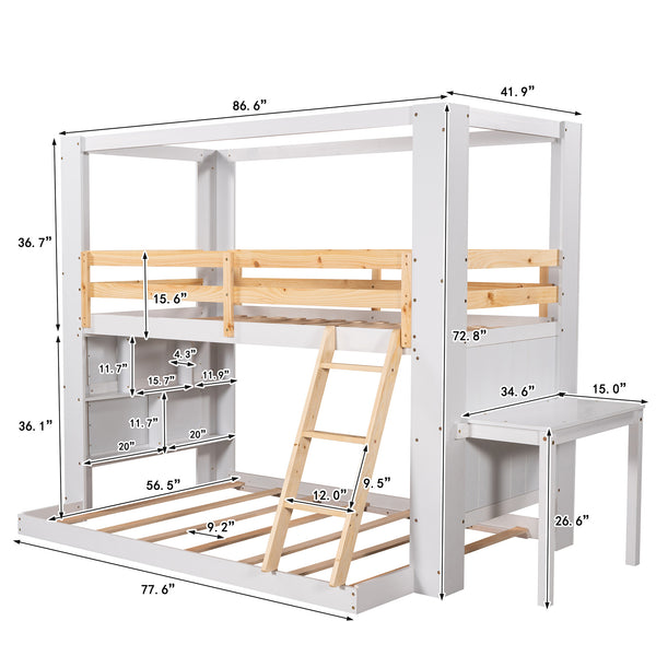 Twin Over Full Bunk Bed with Desk Storage Shelves.Reinforced Structure Bunk Beds Solid Wood Bed Frame for Kids Teens