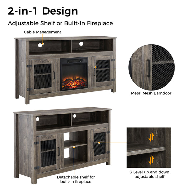 Modern Farmhouse TV Stand with Electric Fireplace, Fit up to 65" Flat Screen TV with Storage Cabinet and Adjustable Shelves Industrial Entertainment Center for Living Room, Grey