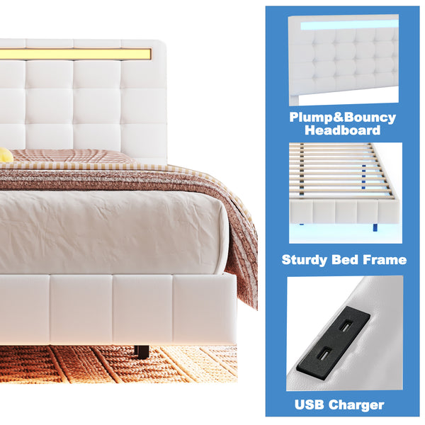 Queen Size Floating Bed Frame with LED Lights and USB Charging,Modern Upholstered Platform LED Bed Frame,White