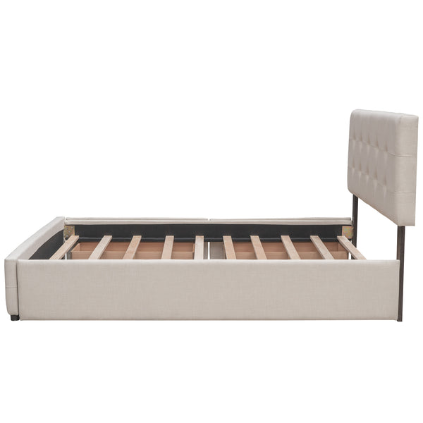 Upholstered Platform Bed with 2 Drawers and 1 Twin XL Trundle;  Linen Fabric;  Queen Size