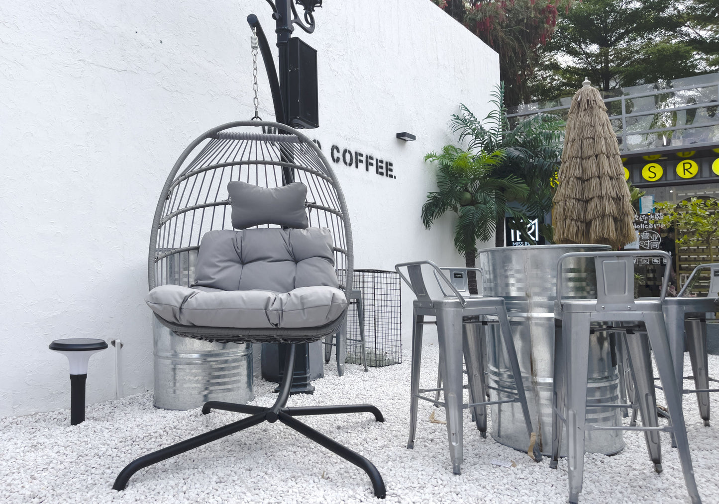 Swing Egg Chair with Stand Indoor Outdoor Wicker Rattan Patio Basket Hanging Chair with C Type bracket , with cushion and pillow Banned from selling on Amazon.(Black New arrivals within 10 days)