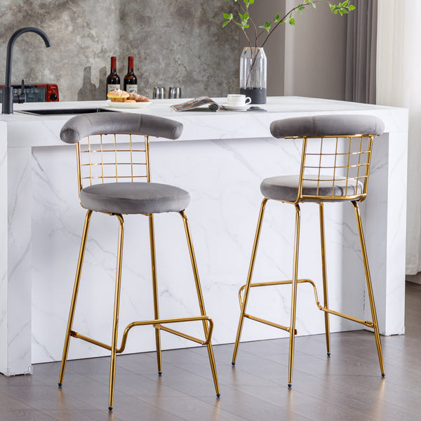 Bar Stool Set of 2, Luxury Velvet High Bar Stool with Metal Legs and Soft Back, Pub Stool Chairs Armless Modern Kitchen High Dining Chairs with Metal Legs