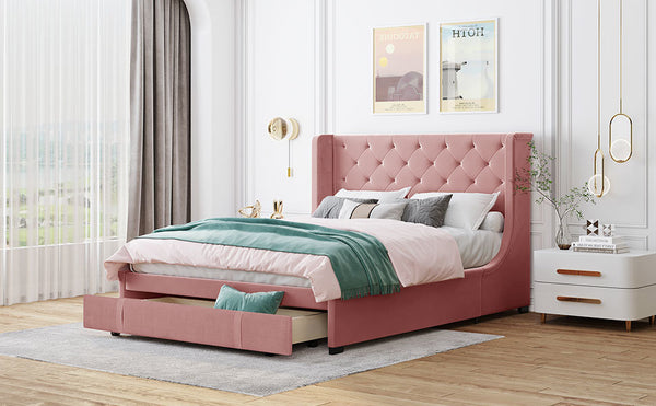 Queen Size Storage Bed Velvet Upholstered Platform Bed with Wingback Headboard and a Big Drawer