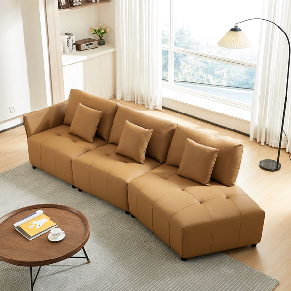 120'' Real Leather Sofa, Modern Modular Sectional Couch, Button Tufted Seat Cushion for Living room, Apartment & Office.(Dark Yellow)