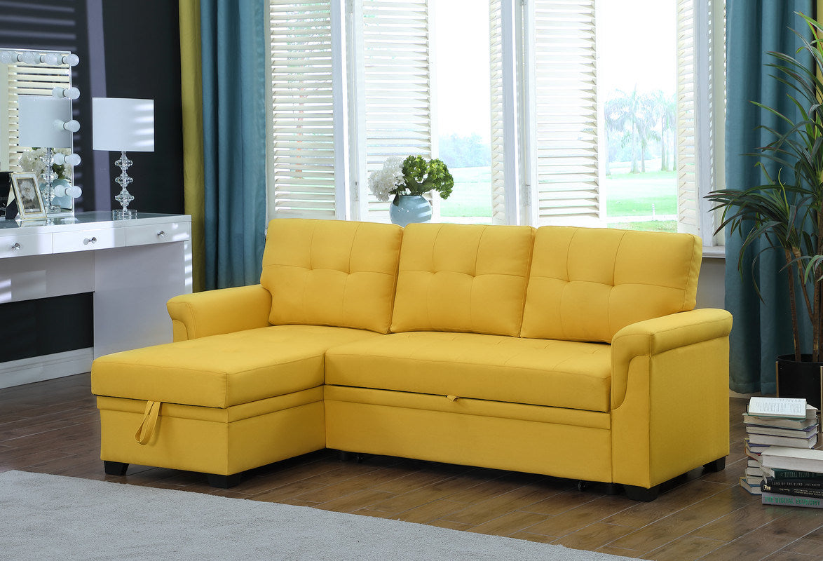 Lucca 84" Yellow Linen Reversible Sleeper Sectional Sofa with Storage Chaise