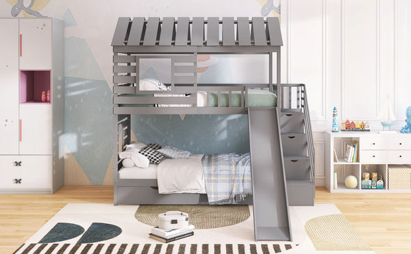 Twin over Twin House Bunk Bed with Trundle and Slide ; Storage Staircase; Roof and Window Design; Gray