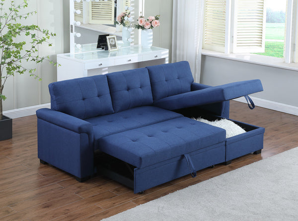 Lucca 84" Blue Linen Reversible Sleeper Sectional Sofa with Storage Chaise