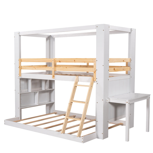 Twin Over Full Bunk Bed with Desk Storage Shelves.Reinforced Structure Bunk Beds Solid Wood Bed Frame for Kids Teens