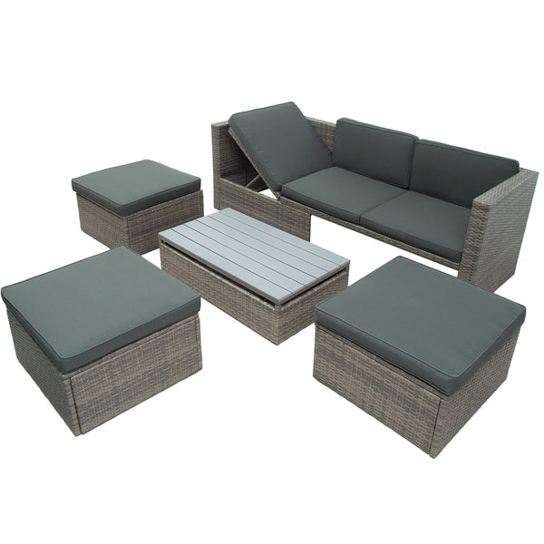 Patio Furniture Sets;  5-Piece Patio Wicker Sofa with Adustable Backrest;  Cushions;  Ottomans and Lift Top Coffee Table