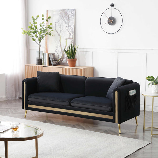 77.2' Modern Upholstered Velvet Sofa 3 Seater Couch with Removable Cushions Side Pocket Mid-Century Tufted Living Room Set Gold Metal Legs,2 Pillows Included