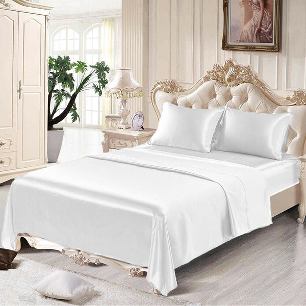 4 Pcs Smooth Satin Silk Sheet Set Deep Pocket Bed Sheet Wrinkle Fade Resistant