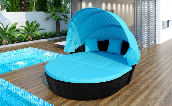 Outdoor rattan daybed sunbed with Retractable Canopy Wicker Furniture, Round Outdoor Sectional Sofa Set, black Wicker Furniture Clamshell Seating with Washable Cushions, Backyard, Porch