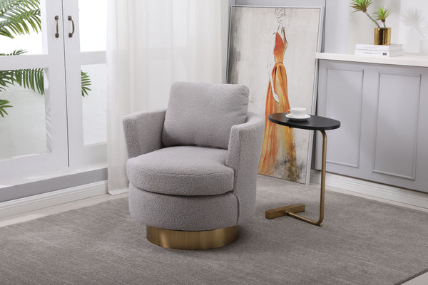 Teddy Swivel Barrel Chair, Swivel Accent Chairs Armchair for Living Room, Reading Chairs for Bedroom Comfy, Round Barrel Chairs with Gold Stainless Steel Base (Grey)