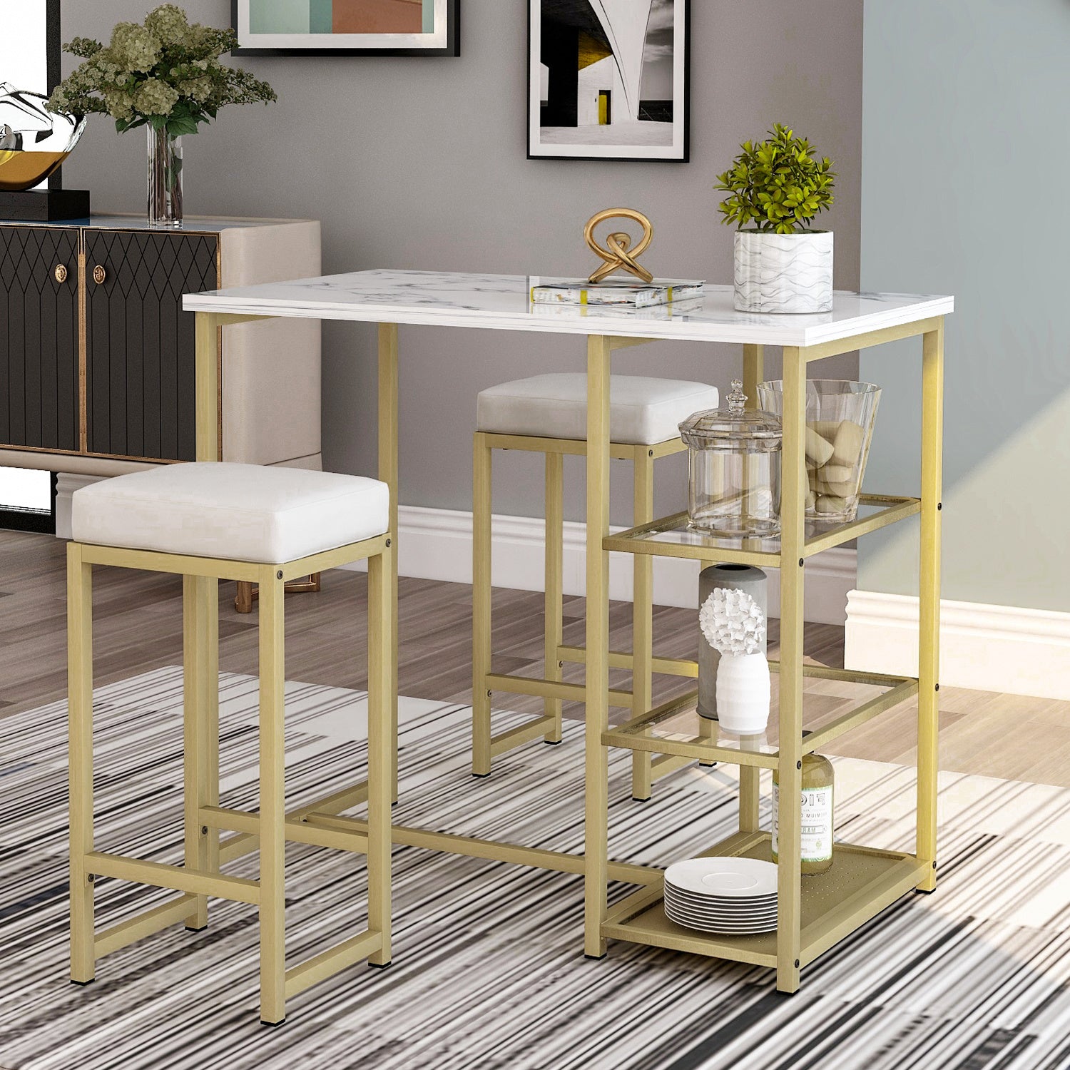 3-piece Modern Pub Set with Faux Marble Countertop and Bar Stools, White/Gold