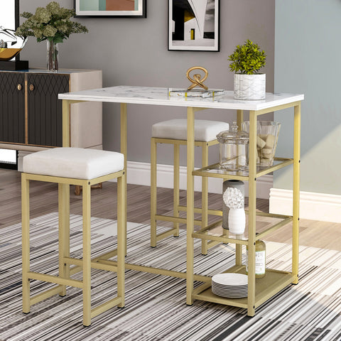 3-piece Modern Pub Set with Faux Marble Countertop and Bar Stools, White/Gold