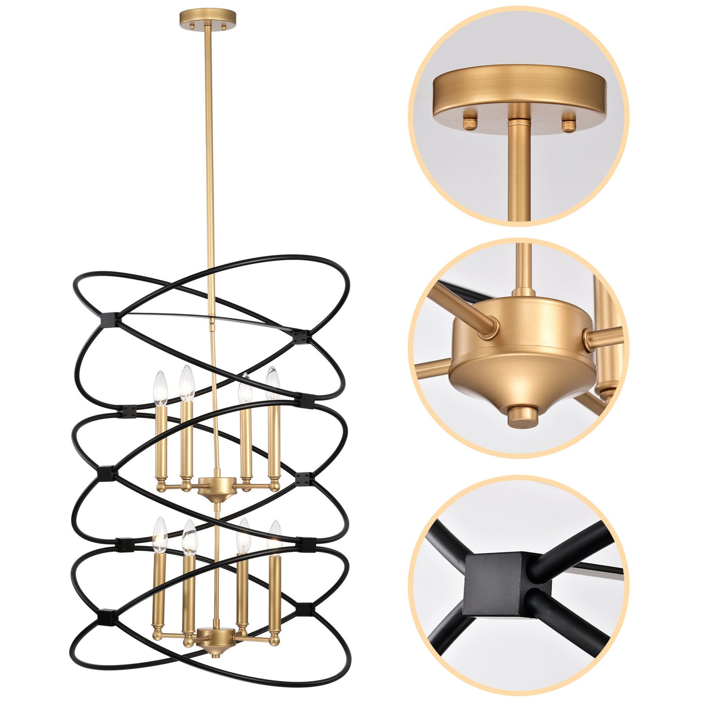Transitional Gold/Matte Black Metal Chandelier Fixture; 8 lights ; 2-Tier-Candle Ceiling Light for Living Room; Bedroom; Dining Room; Dimmable; E12; W23.6*H55
