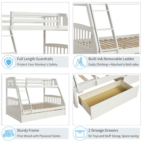 Solid Wood Twin Over Full Bunk Bed with Two Storage Drawers