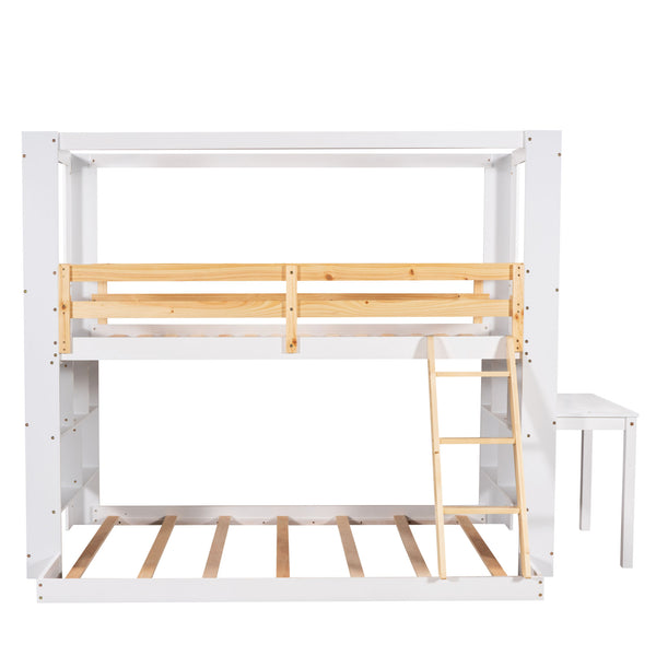 Twin Over Full Bunk Bed with Desk Storage Shelves.Reinforced Structure Bunk Beds Solid Wood Bed Frame for Kids Teens