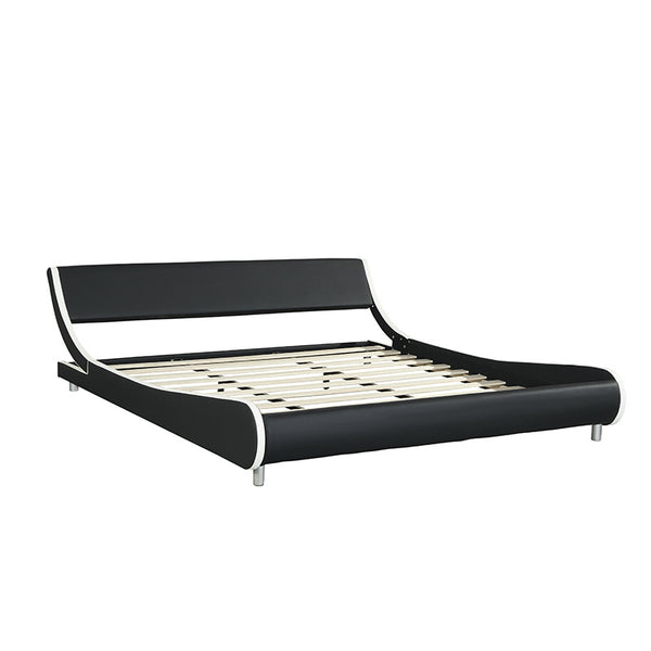 Faux Leather Upholstered Platform Bed Frame; Curve Design; Wood Slat Support; No Box Spring Needed; Easy Assemble; King Size; Black+White