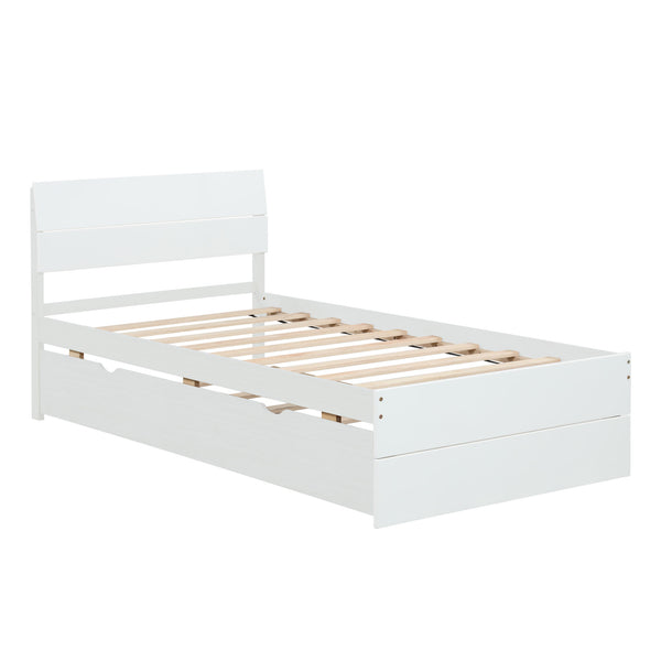 Modern Twin Bed Frame With Twin Trundle For White High Gloss Headboard and Footboard With Washed White Color