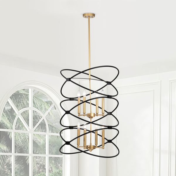 Transitional Gold/Matte Black Metal Chandelier Fixture; 8 lights ; 2-Tier-Candle Ceiling Light for Living Room; Bedroom; Dining Room; Dimmable; E12; W23.6*H55