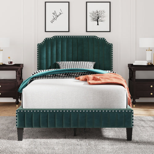 Modern Velvet Curved Upholstered Platform Bed , Solid Wood Frame , Nailhead Trim, Green (Full)