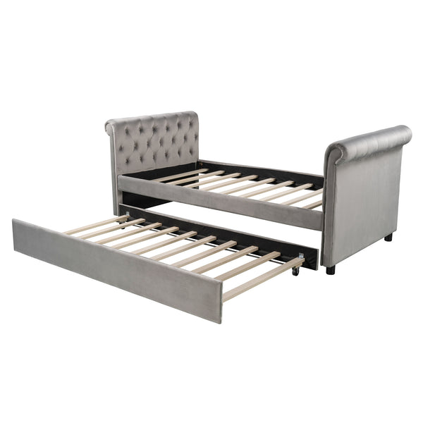 Twin Size Upholstered daybed with Trundle; Wood Slat Support; Gray